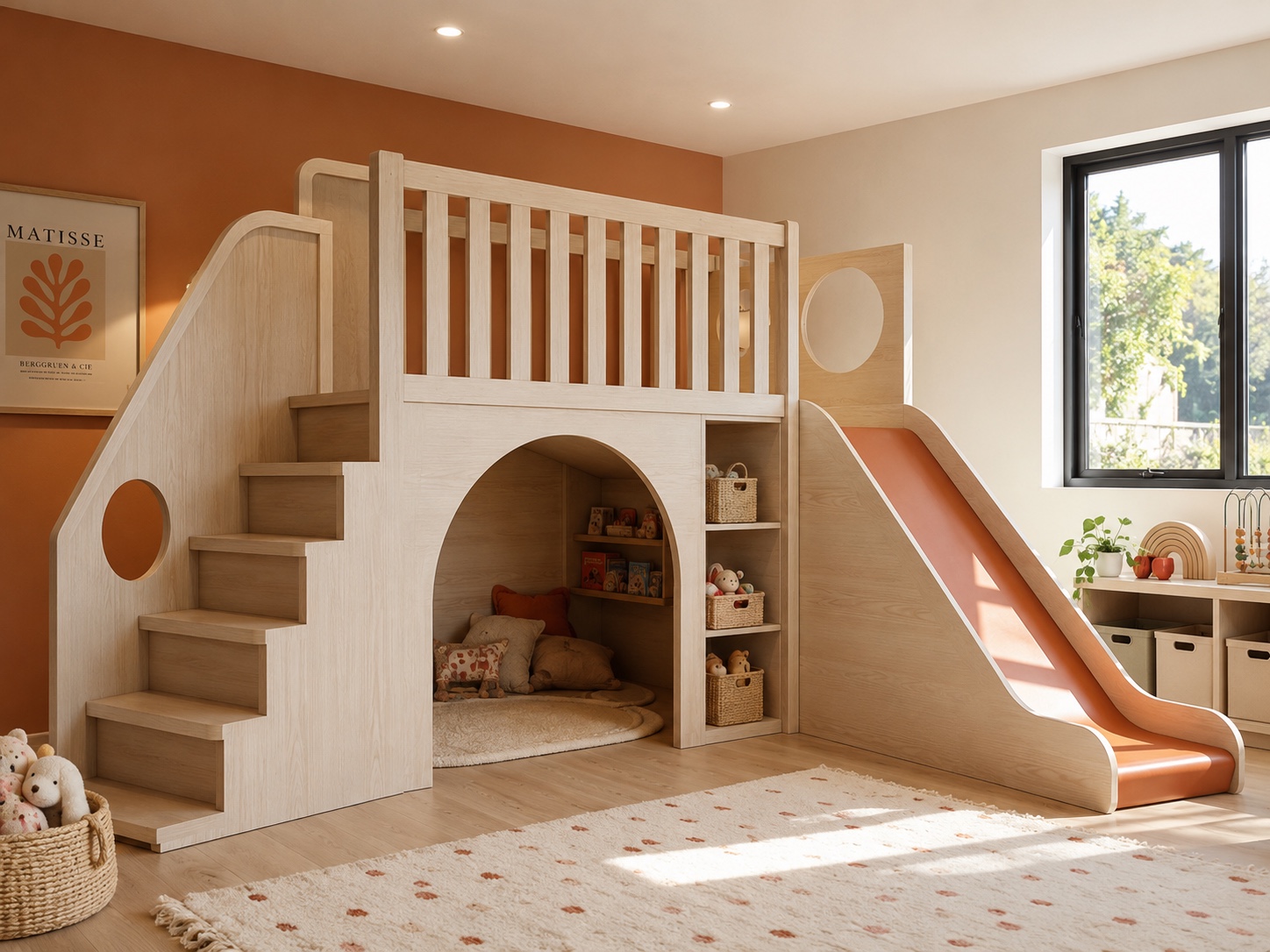 Ludoteca infantil premium con tapanco, resbaladilla y madera clara